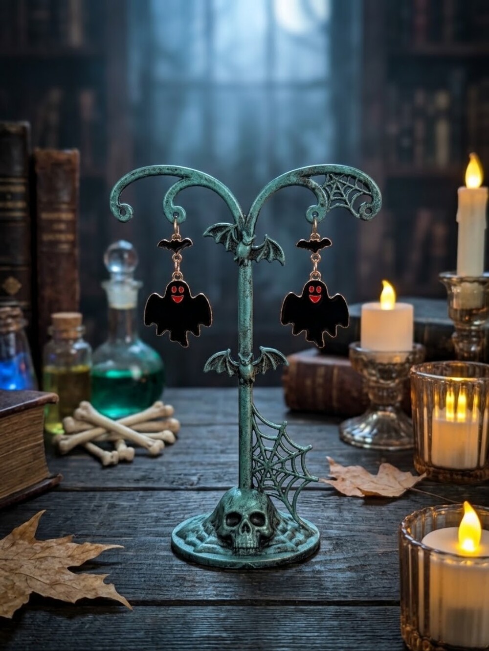 Enamel Black & Red Ghost Stud Drop Earrings